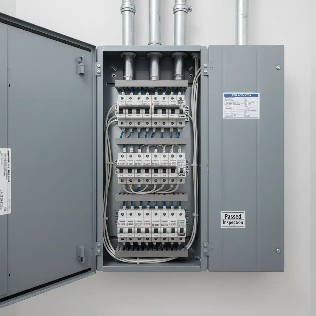 Close up of a new properly labeled professionally installed electrical panel