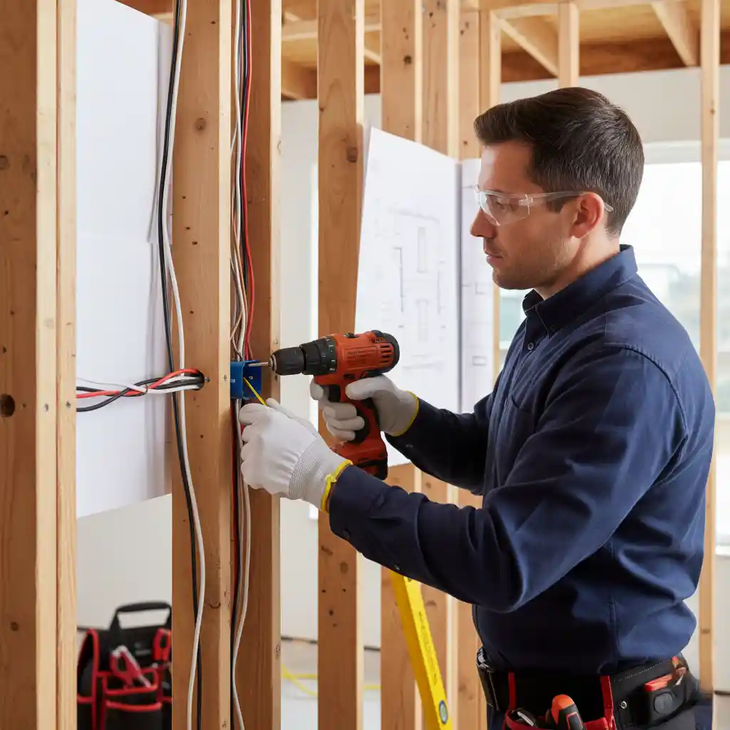 Electrician installing wiring in a wall while following code guidelines