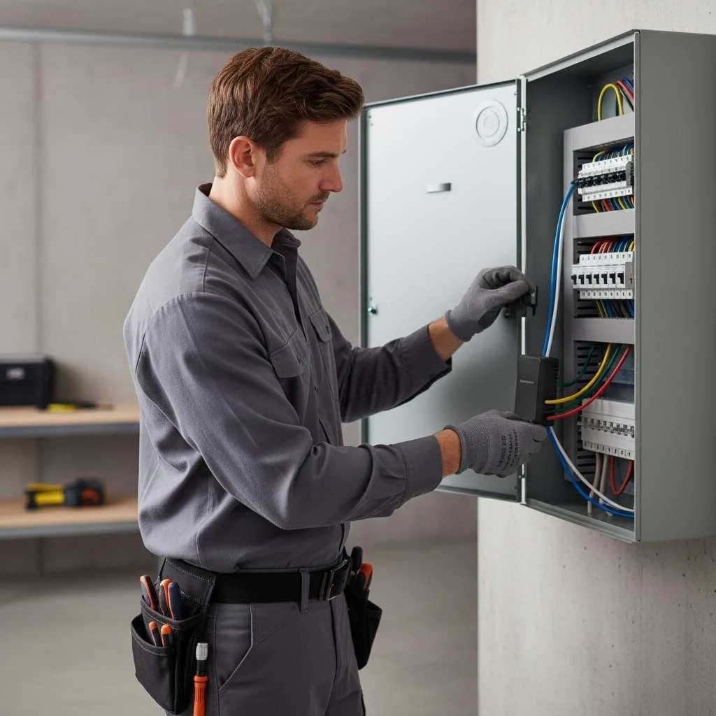 A licensed electrician installing a surge protector at a breaker panel.