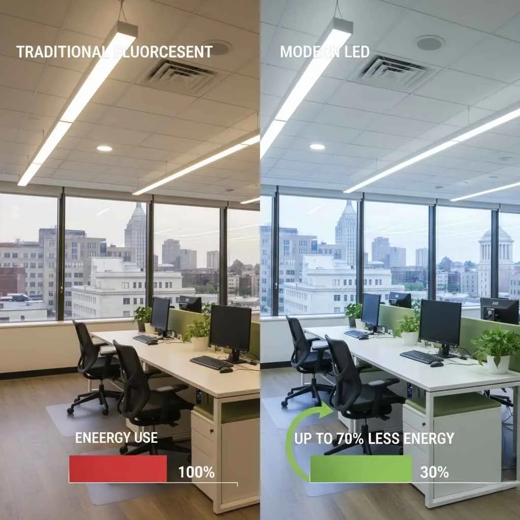 Comparison graphic showing LED vs. traditional lighting energy use.