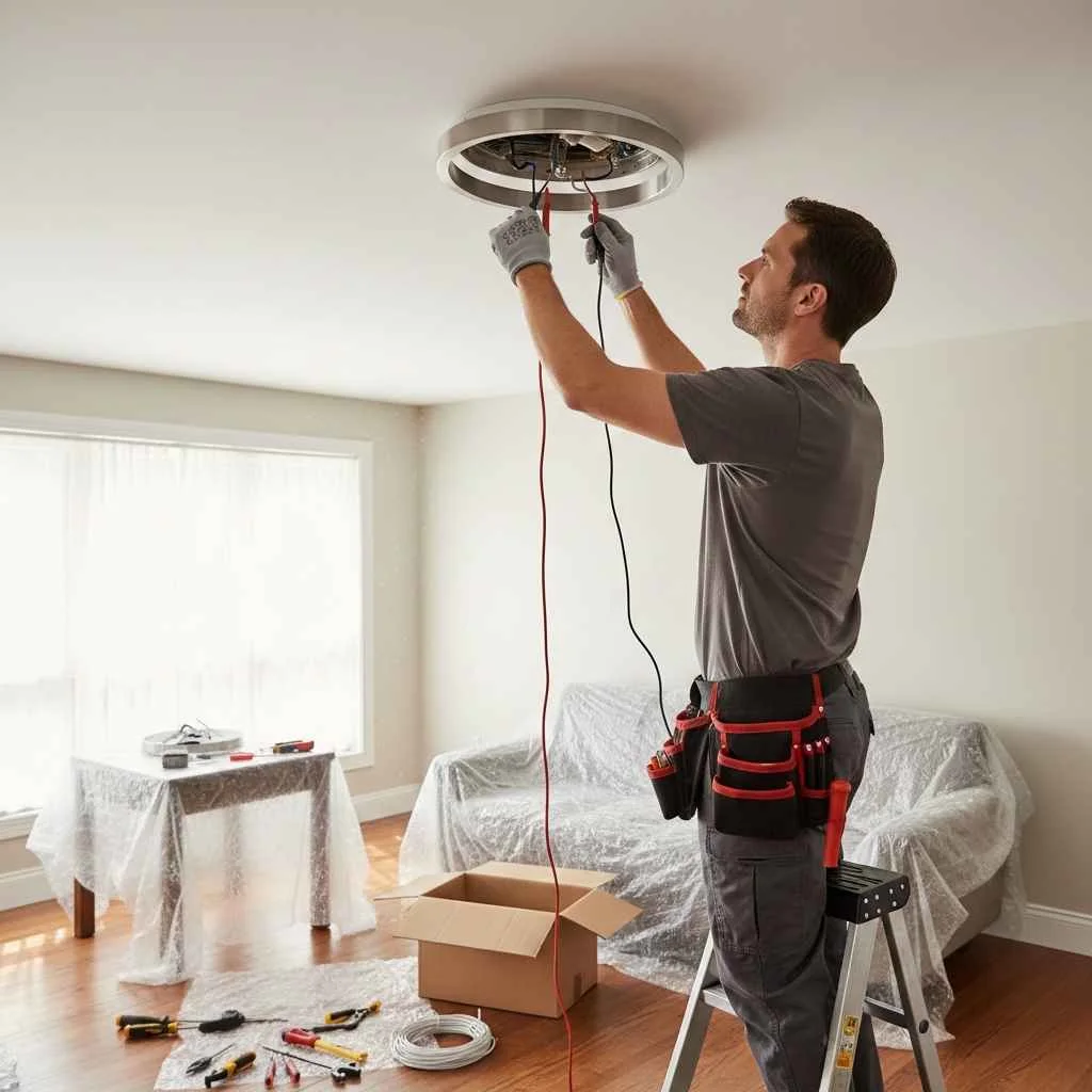 Electrician testing a newly installed ceiling light