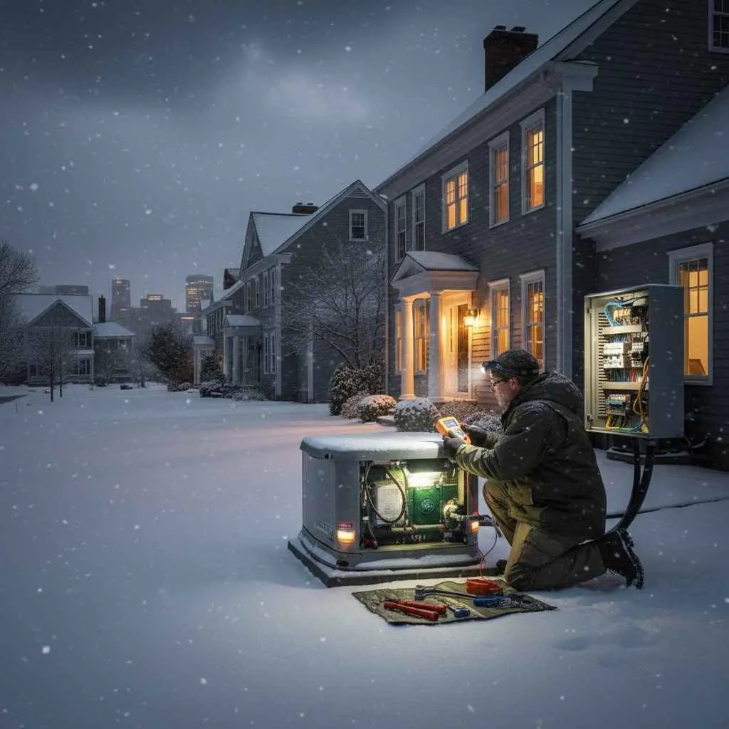 Licensed technician inspecting generator installation panel.