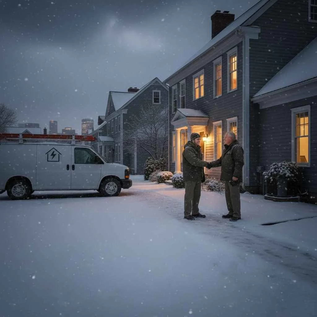 Service van outside customer home, technician shaking hands