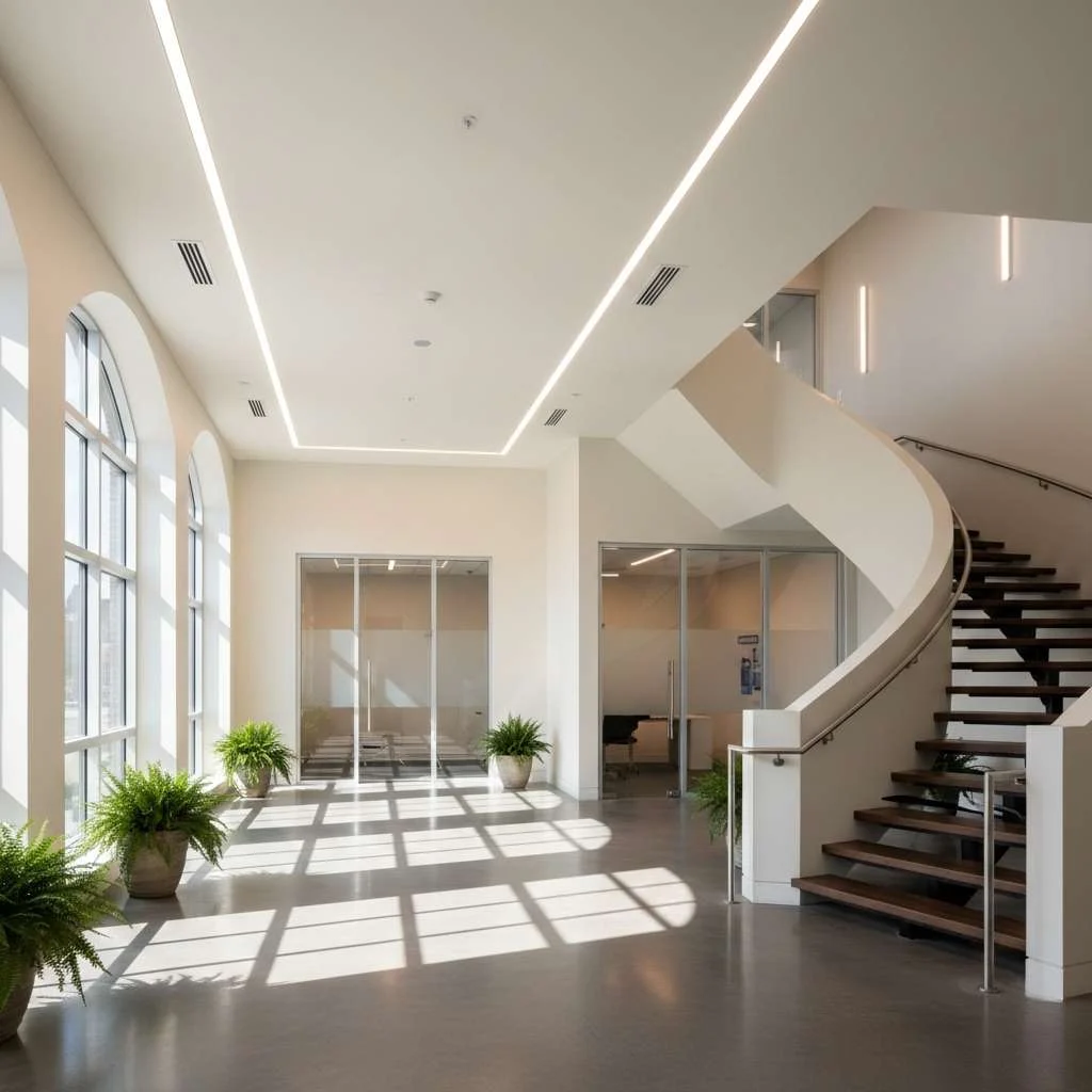 Well illuminated hallway or stairwell in a Rochester commercial building.