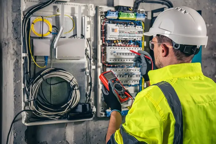technician working switchboard with fuses