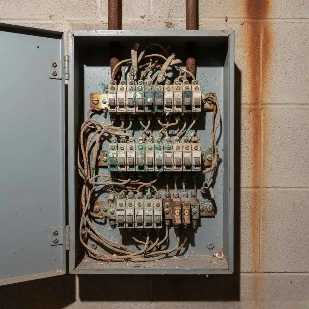 Close-up of outdated electrical panel with visible wear and corrosion
