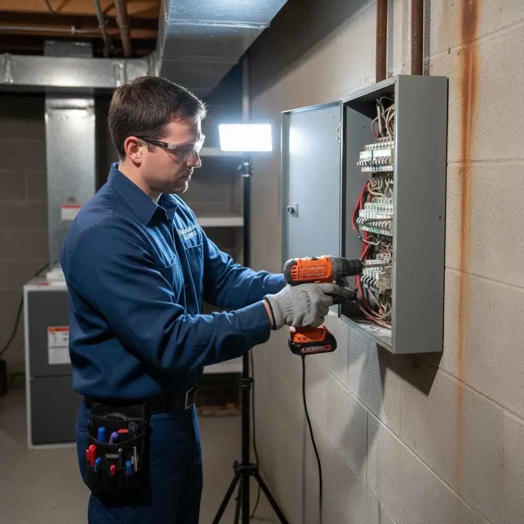 Licensed electrician installing a modern electrical panel in a Rochester home