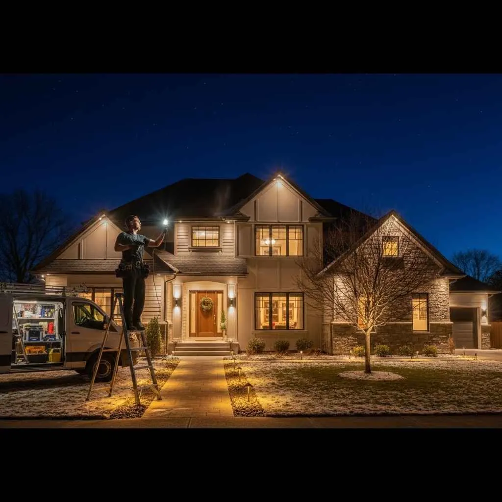Technician installing smart lighting system in Rochester home