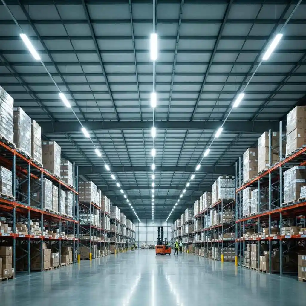 Warehouse with high bay LED fixtures