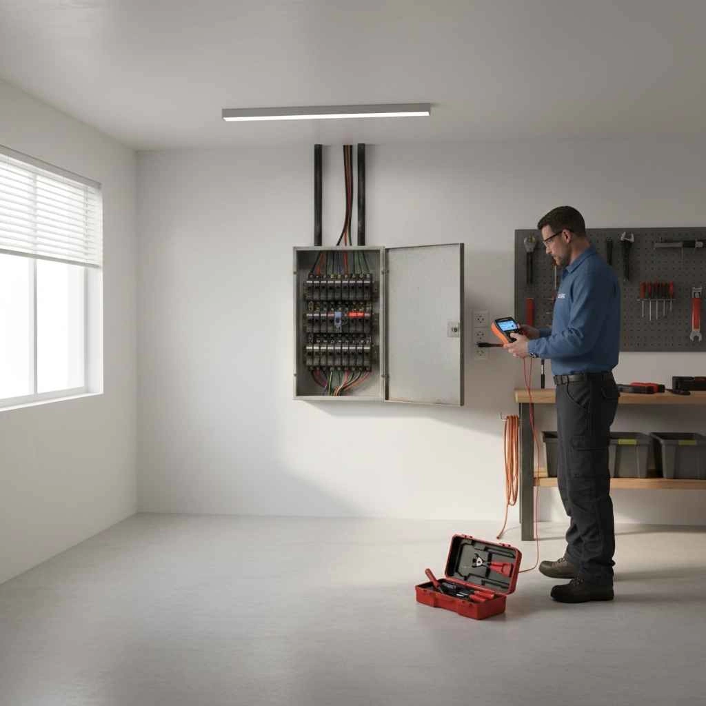 Electrician testing outlet with meter