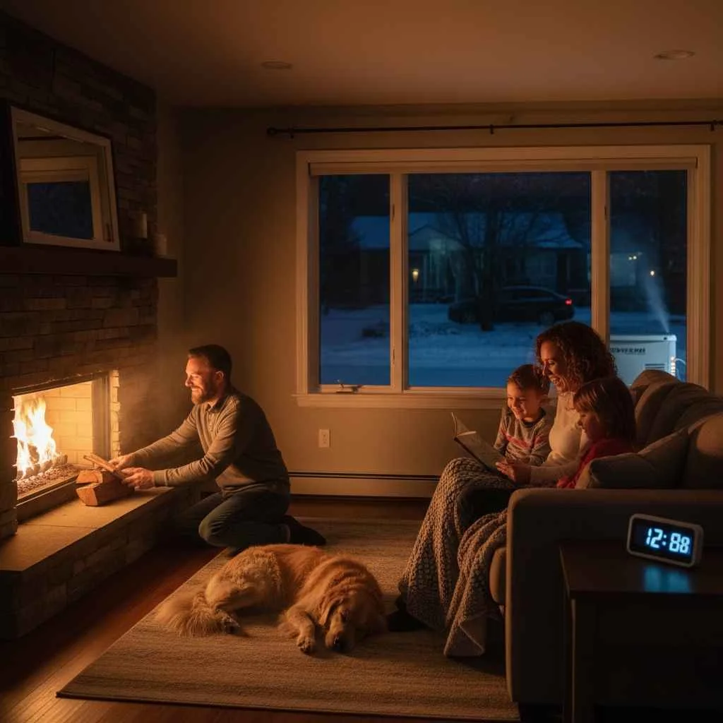 Family enjoying lights and heat powered by a standby generator