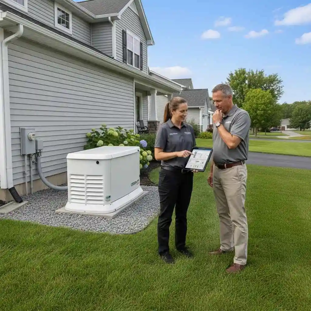 Technician explaining generator sizing options to a homeowner