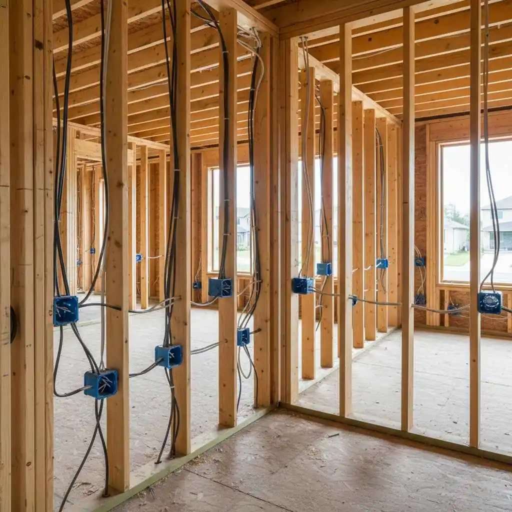 exposed wall framing with new electrical wiring installed