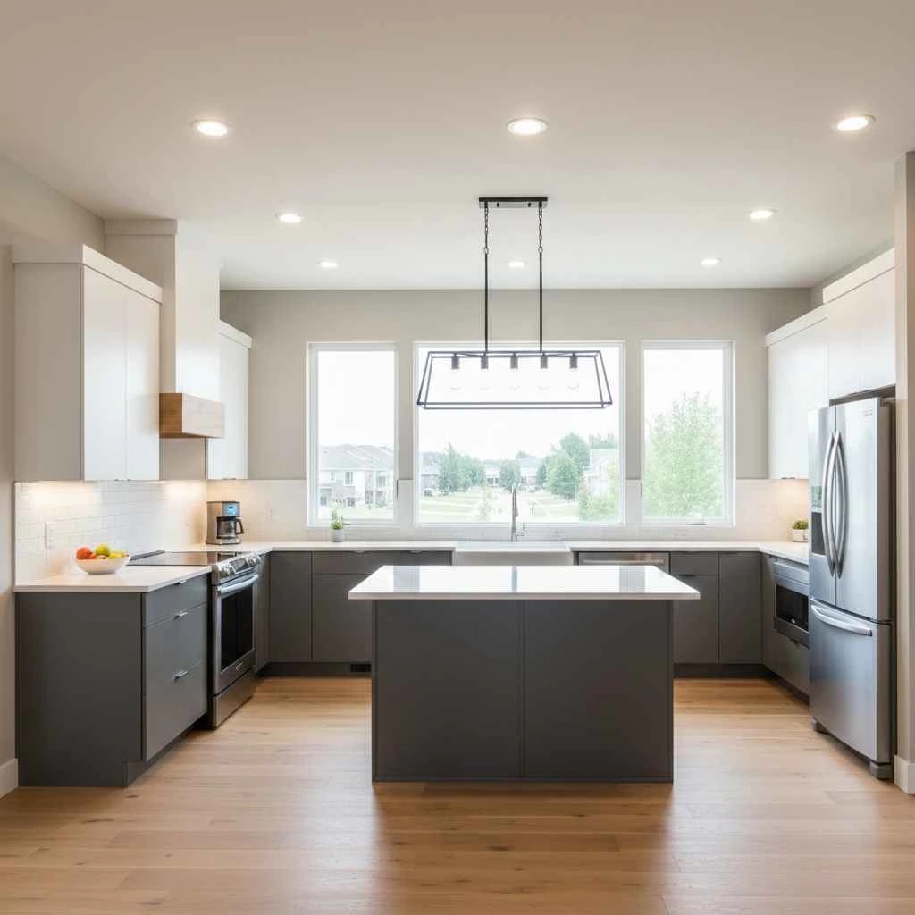 finished remodeled Rochester kitchen with modern lighting
