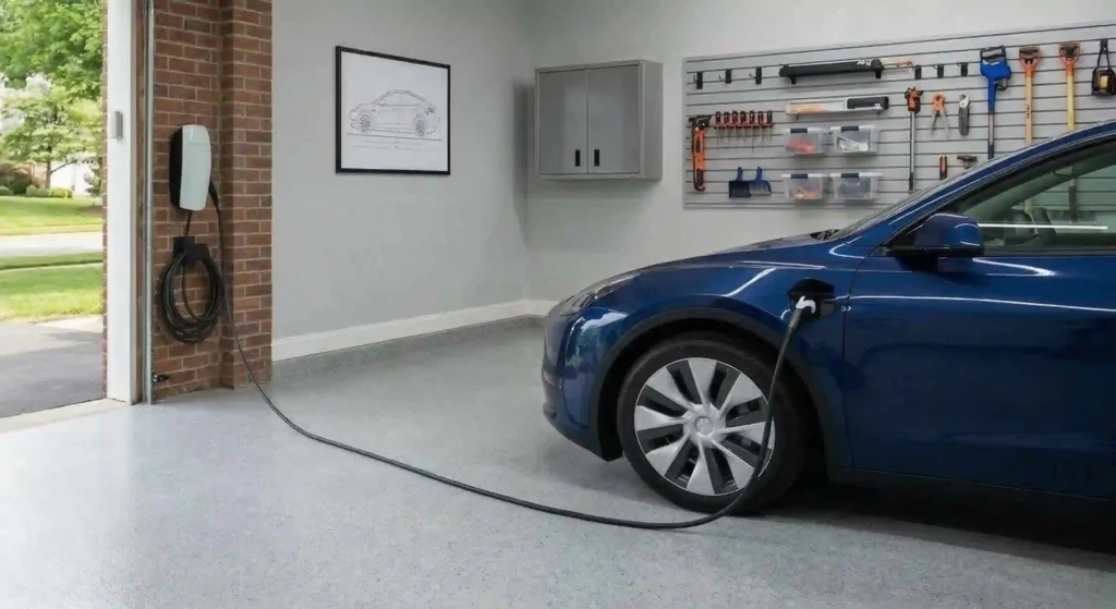electric vehicle plugged into a home charger in driveway