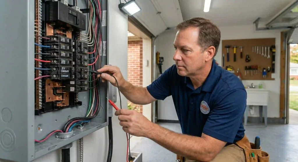 electrician inspecting electrical panel.