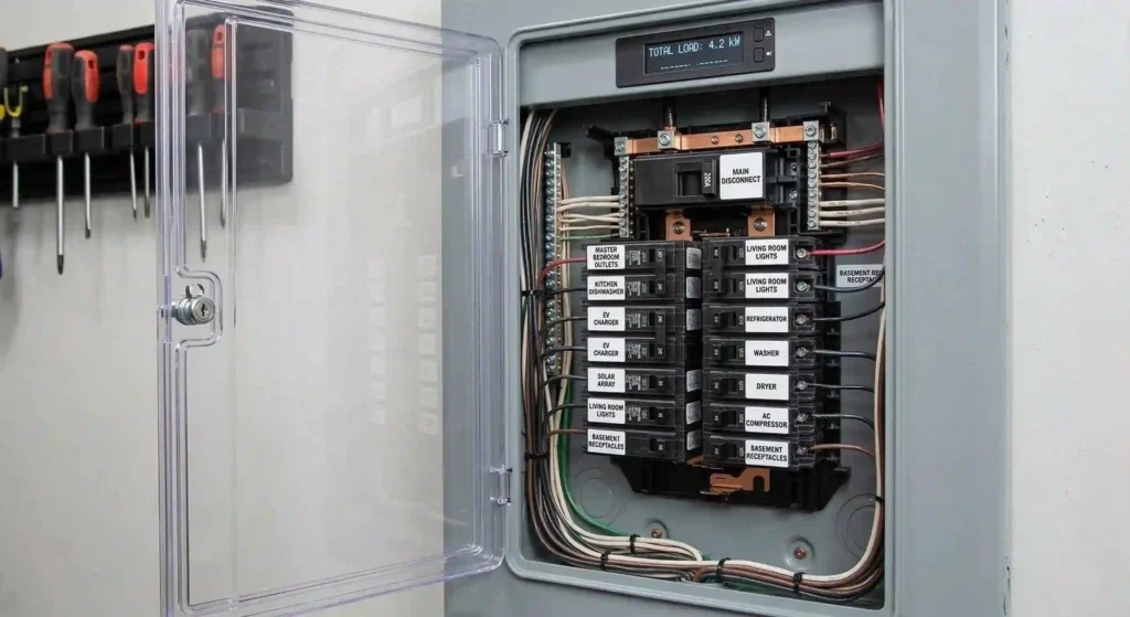 modern electrical panel with labeled breakers.