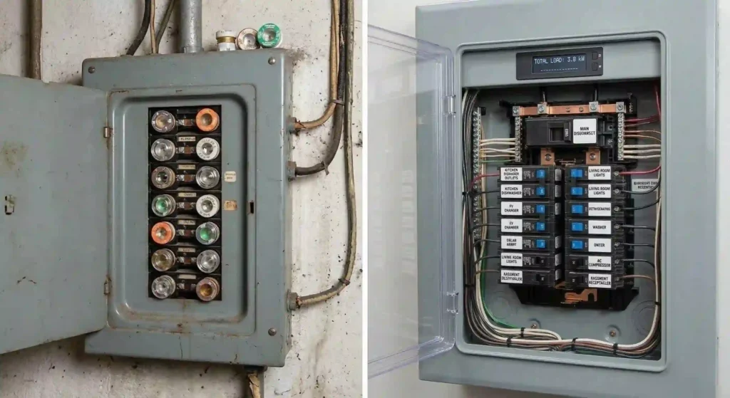 old fuse box compared with a modern breaker panel.