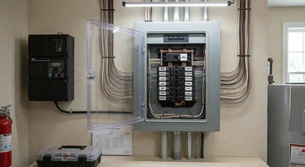 residential home electrical panel mounted on a wall.