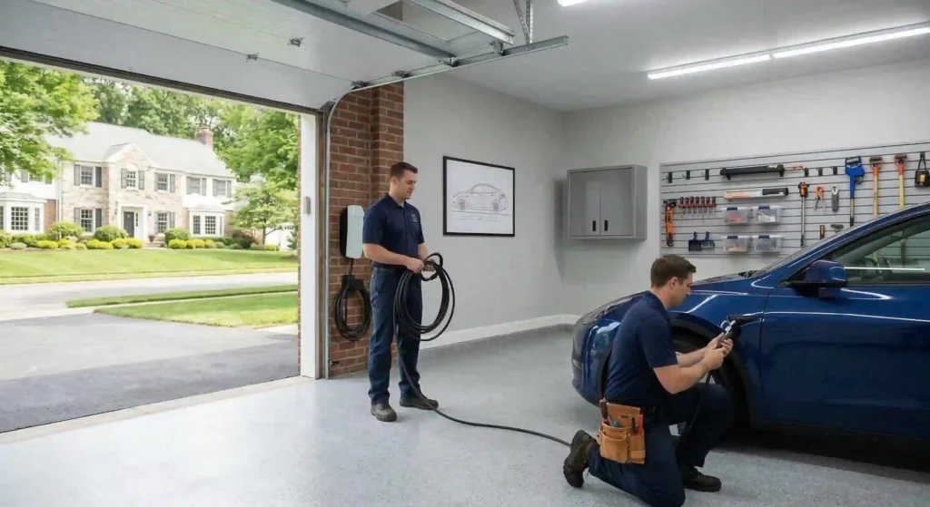 wall-mounted EV charger in a clean residential garage