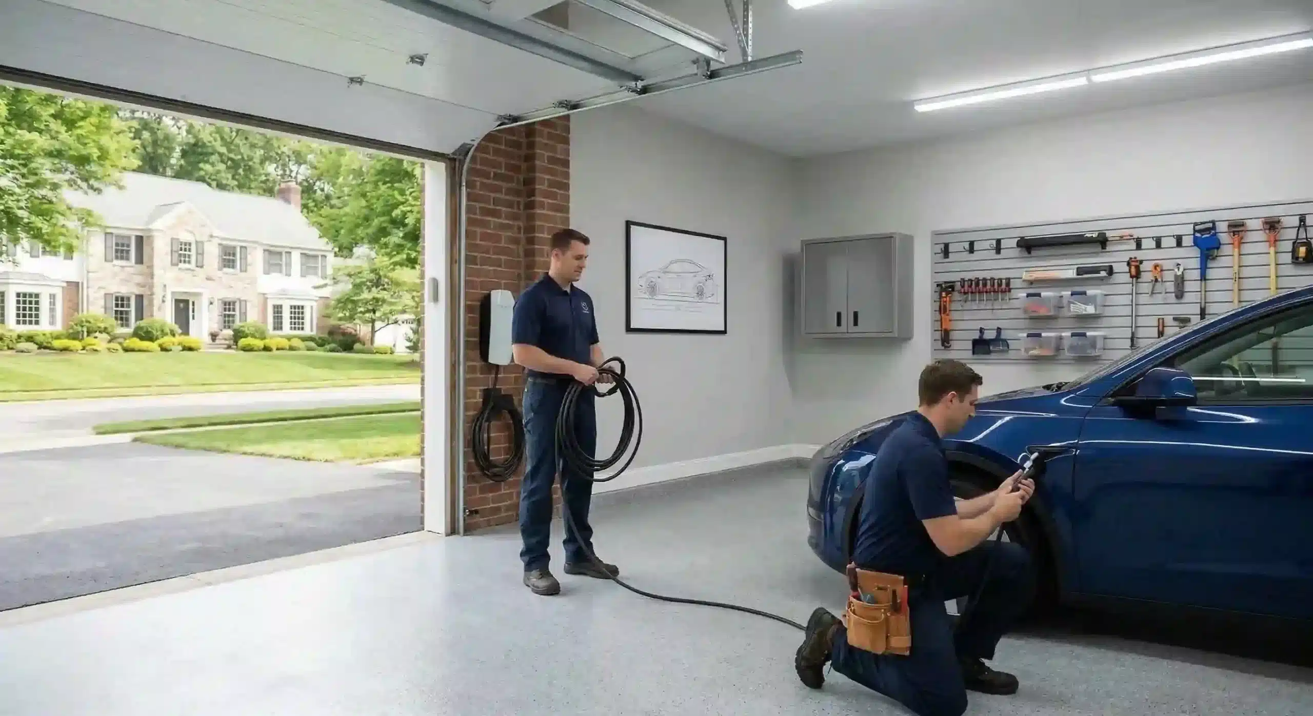 Wall mounted Level 2 EV charger installed in a clean residential garage by Cannizzo Electric