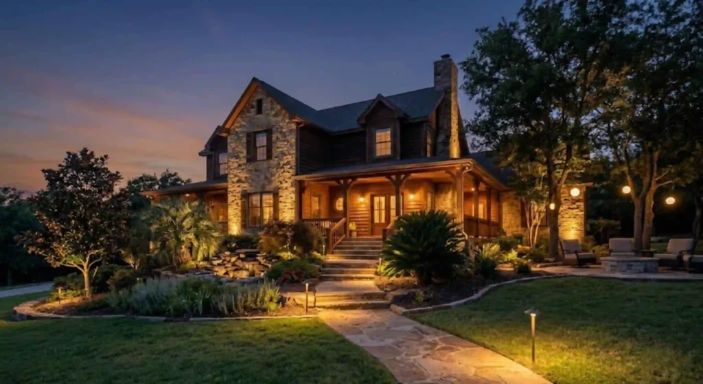 outdoor landscape lighting illuminating a home