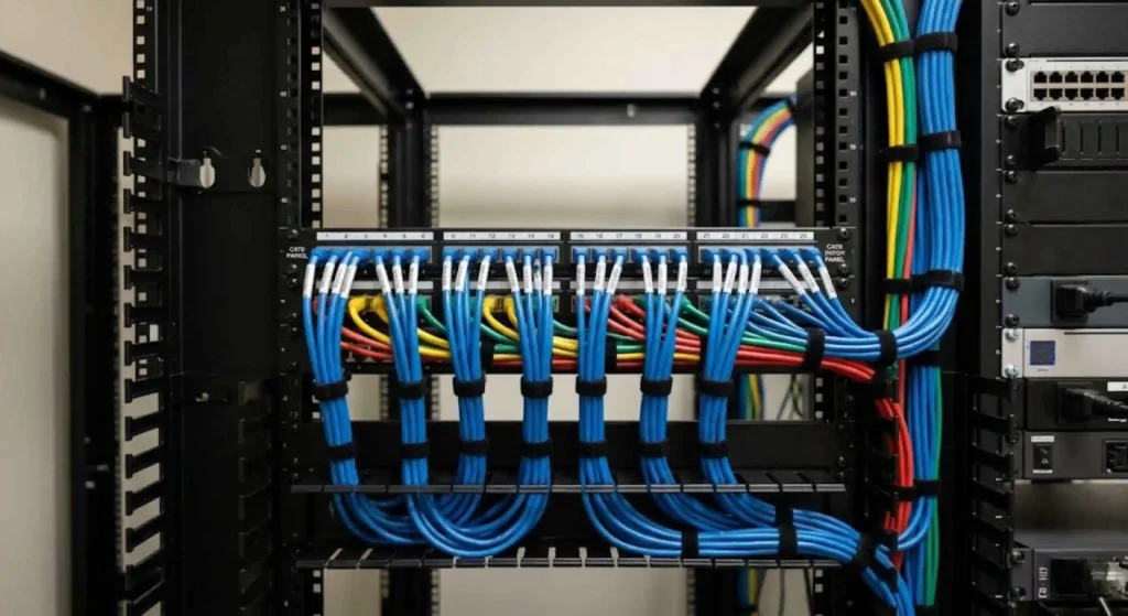 Organized Cat6 network panel after professional installation