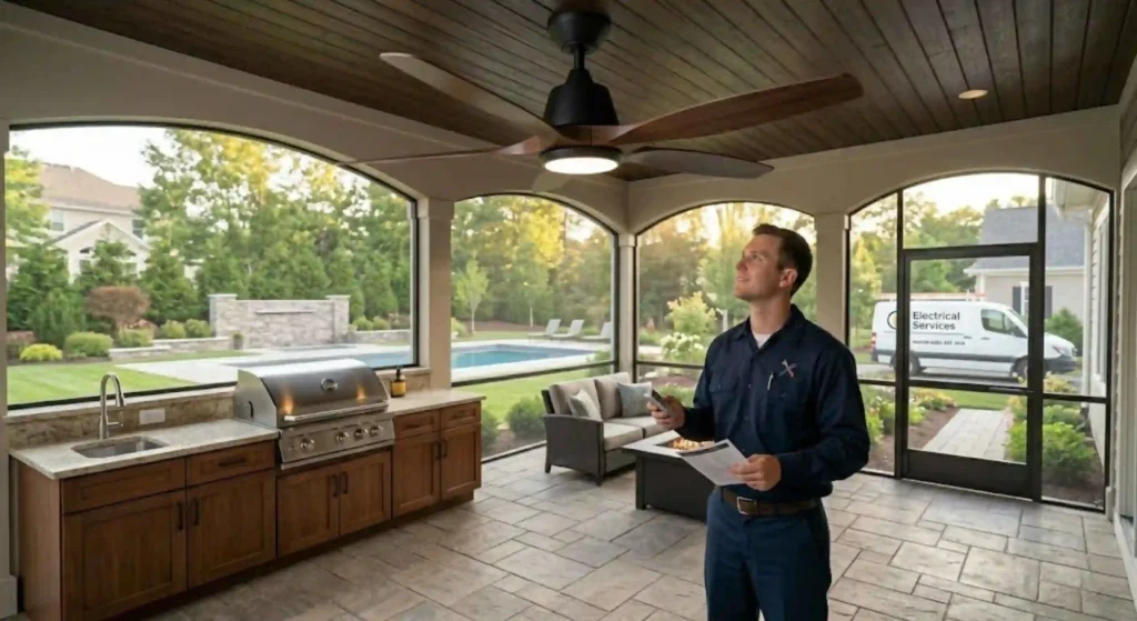 Outdoor patio ceiling fan installation completed
