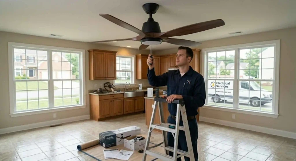 Electrician installing modern ceiling fan in Hamlin home
