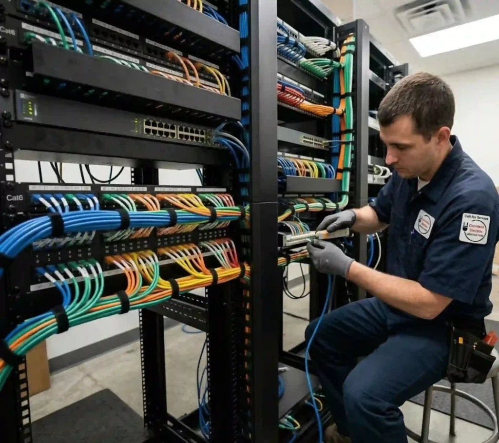 Technician installing network cabling in Hamlin office building