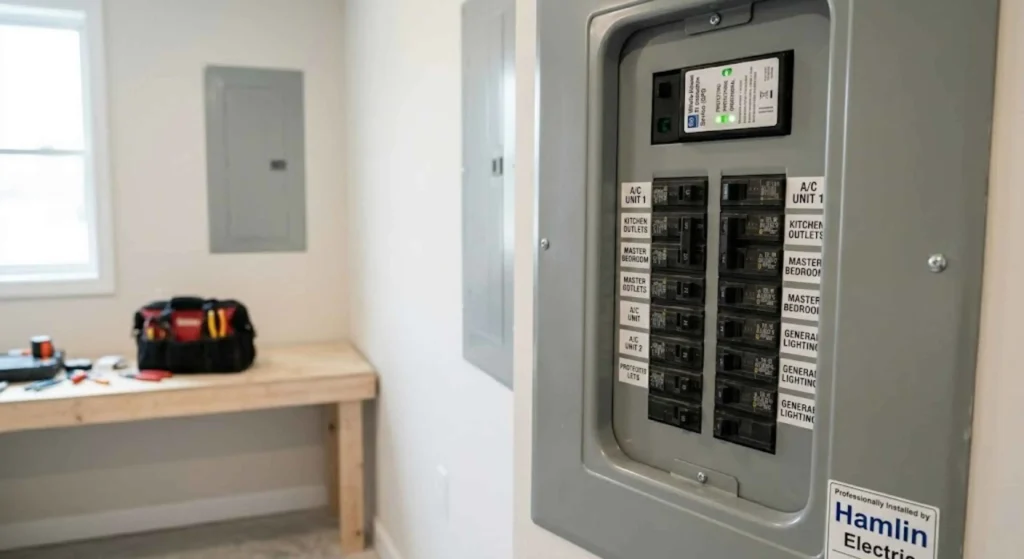 electrical panel with professionally installed surge protector