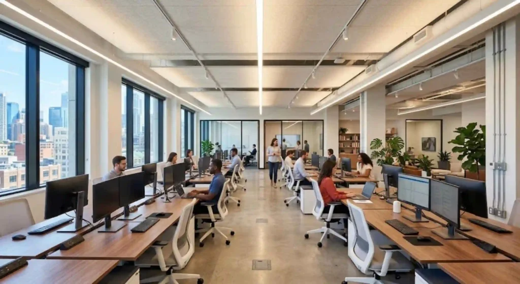 Bright modern office with upgraded lighting and electrical systems