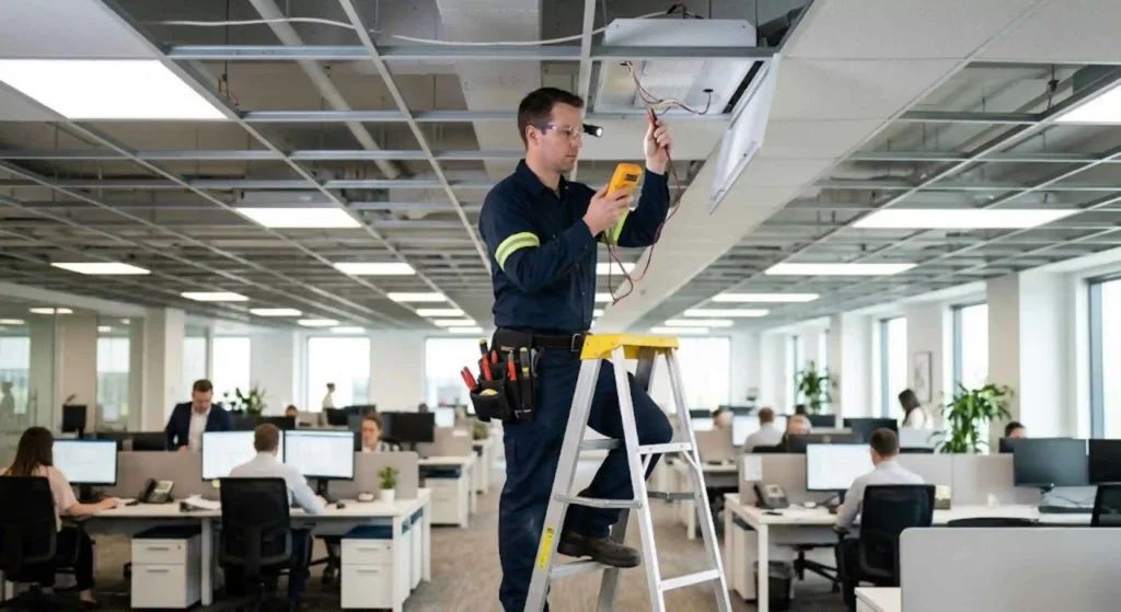 Commercial electrician inspecting Lighting Upgrades