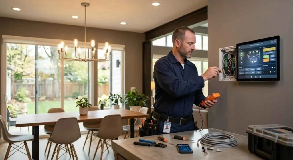 Electrician configuring smart lighting automation controls