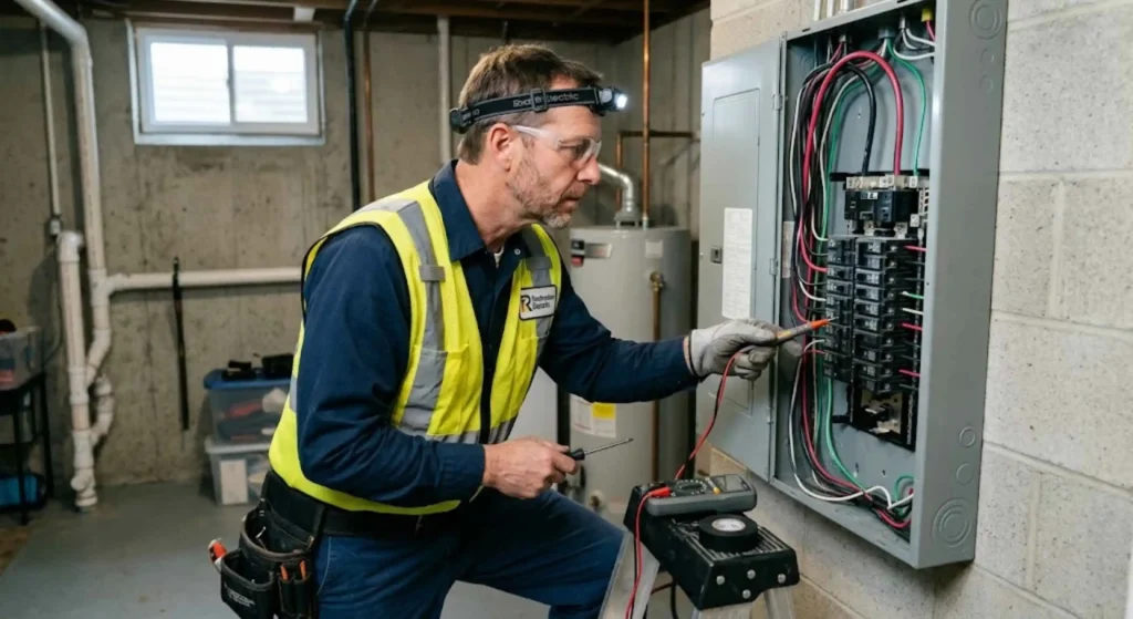 Electrician inspecting breaker panel in Rochester home