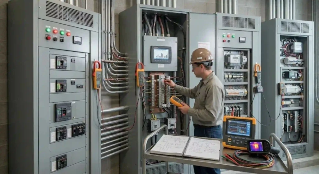 Licensed electrician analyzing electrical load distribution