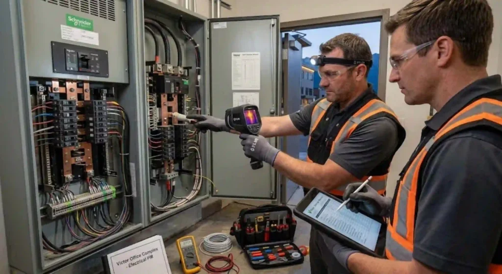 Electrical panel inspection during maintenance service in Victor