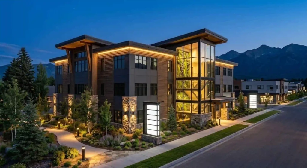 Exterior lighting enhancing a commercial property in Victor