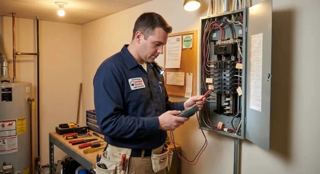 Licensed electrician inspecting electrical work in Victor