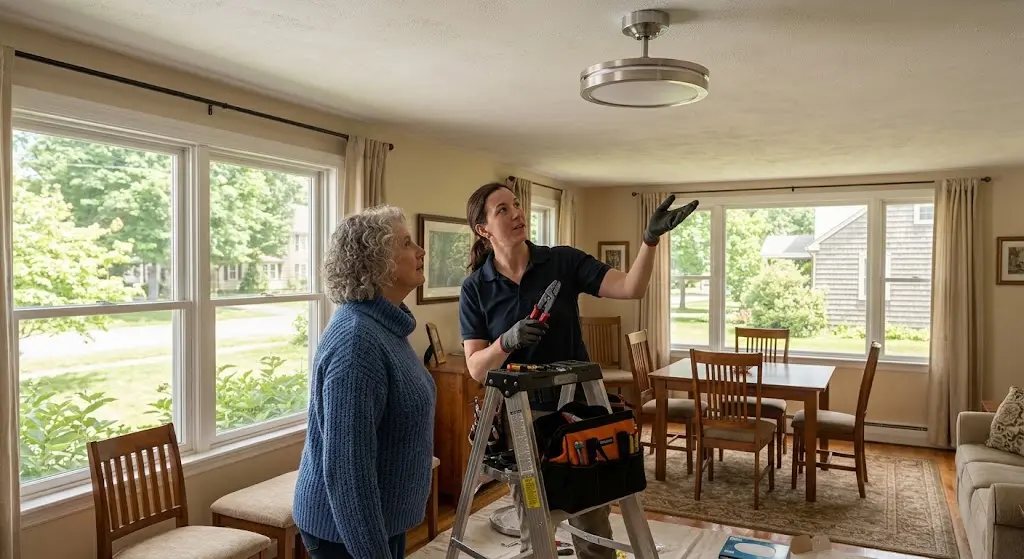 Electrician helping an East Bloomfield NY homeowner choose a new light fixture