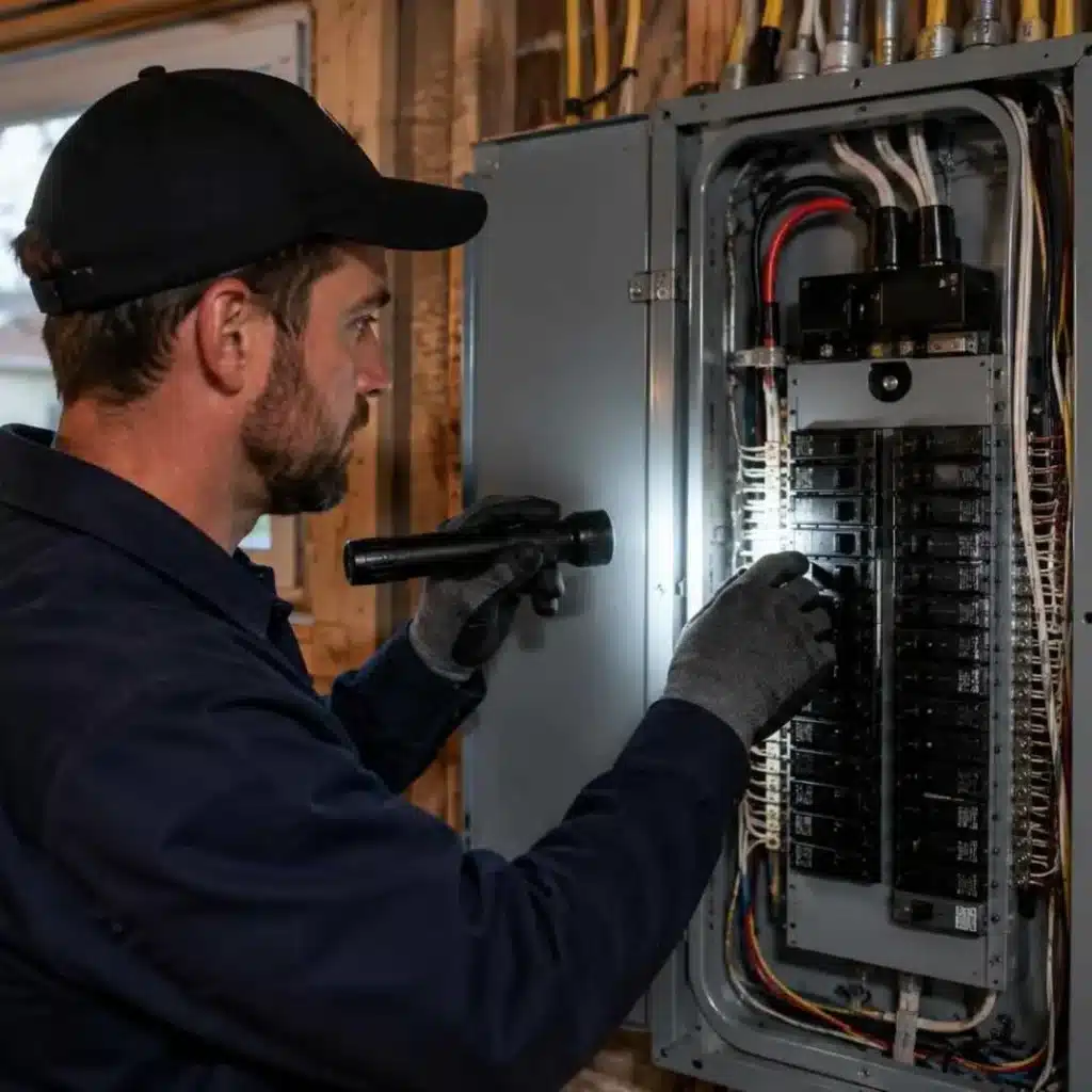 Electrician inspecting a residential circuit breaker panel in East Bloomfield