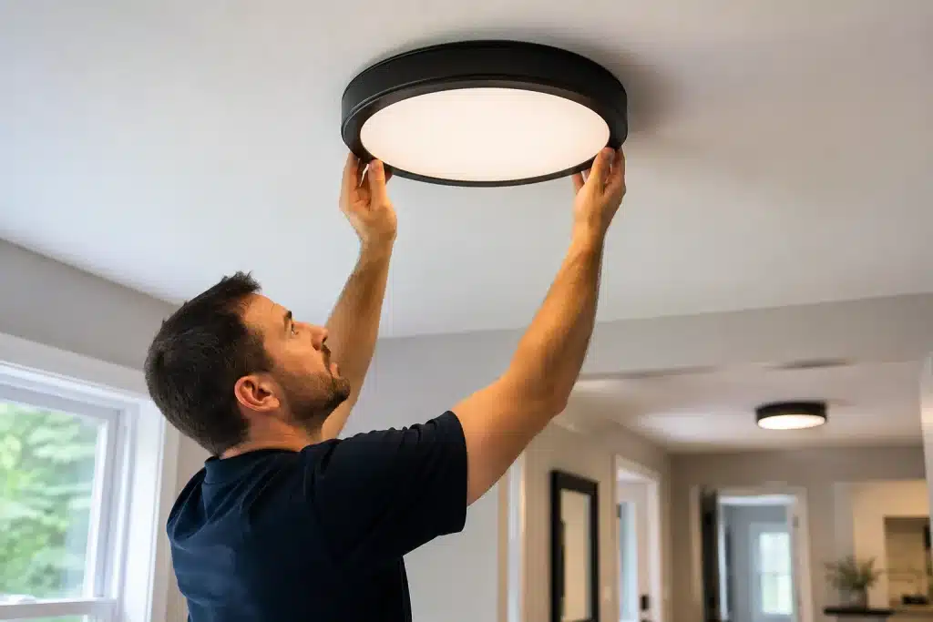 Electrician performing Light Fixture Installation in an East Bloomfield NY home