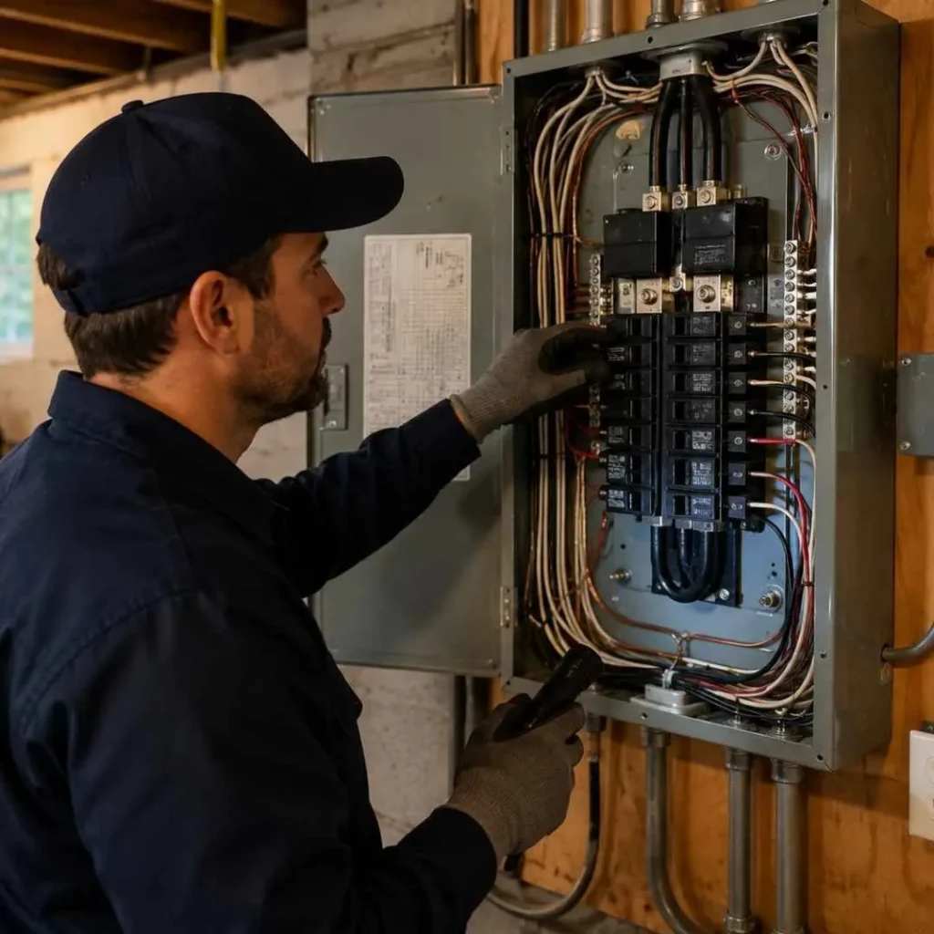 Licensed electrician evaluating an electrical panel in East Bloomfield NY