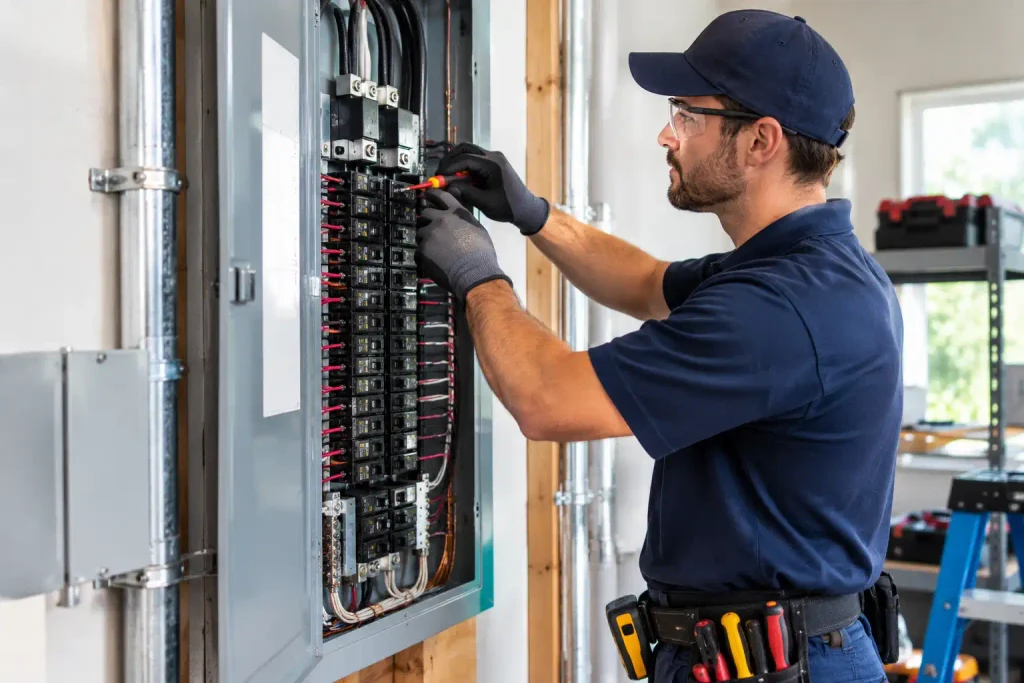 Professional electrician troubleshooting a faulty circuit breaker in a Rochester, NY property.