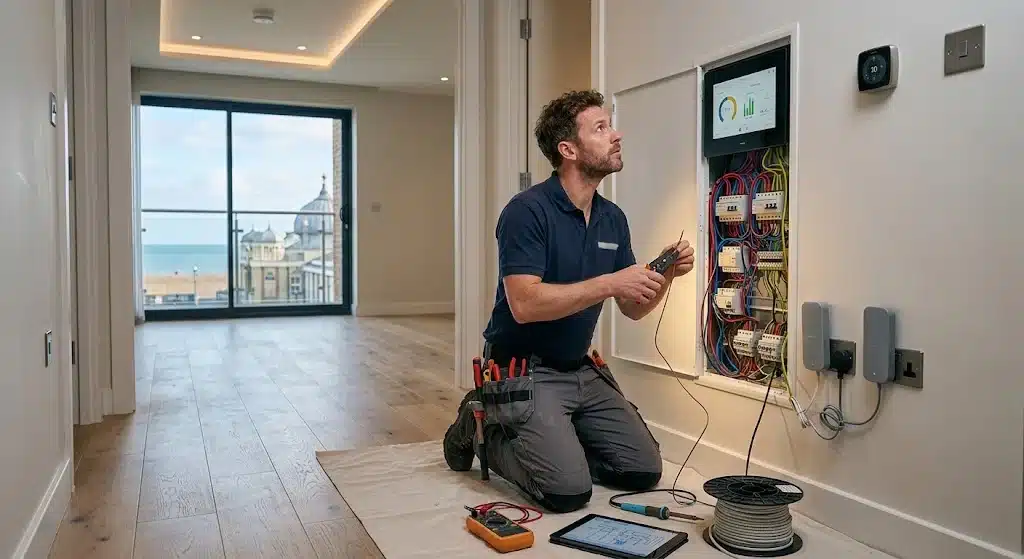 Professional residential electrician completing smart home electrical integration in Brighton
